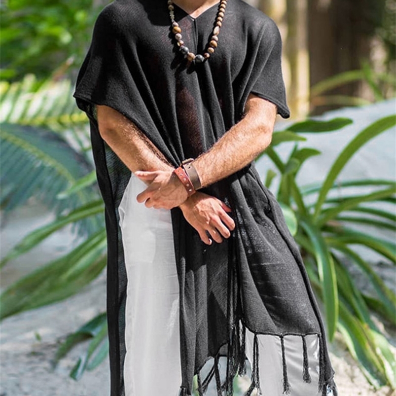 Men's T-Shirts INCERUN Men Irregular T Shirt V Neck Solid Tassel Vacation Short Sleeve Cloak Long Tee Tops Streetwear Casual Camisetas 220906