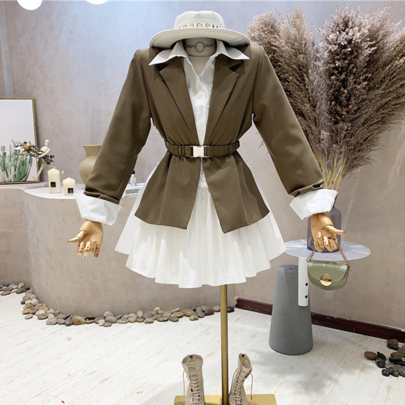 Two Piece Dress Autumn Korean Womens Suit Fashion Slim Waist Blazer Coat White Shirt Sets Office Lady Streetwear 2 Outfit 220906