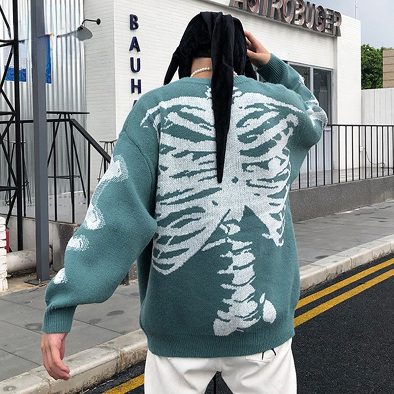 Men's Sweaters Men Oversized Sweater Black Loose Skeleton Bone Print Women Vintage Retro Knitted Sweater Autumn Cotton Pullover Couples Unisex 22