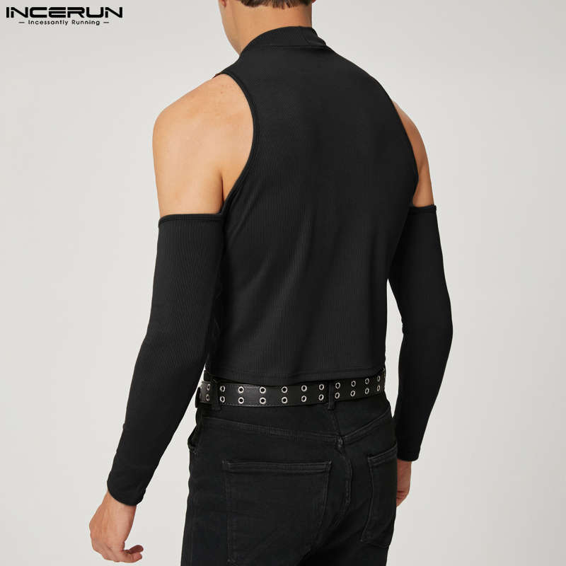 Men's T-Shirts INCERUN Men T Shirt Solid Color Turtleneck Long Sleeve Off Shoulder Casual Camisetas Hollow Out Streetwear Sexy Crop Tops 220906