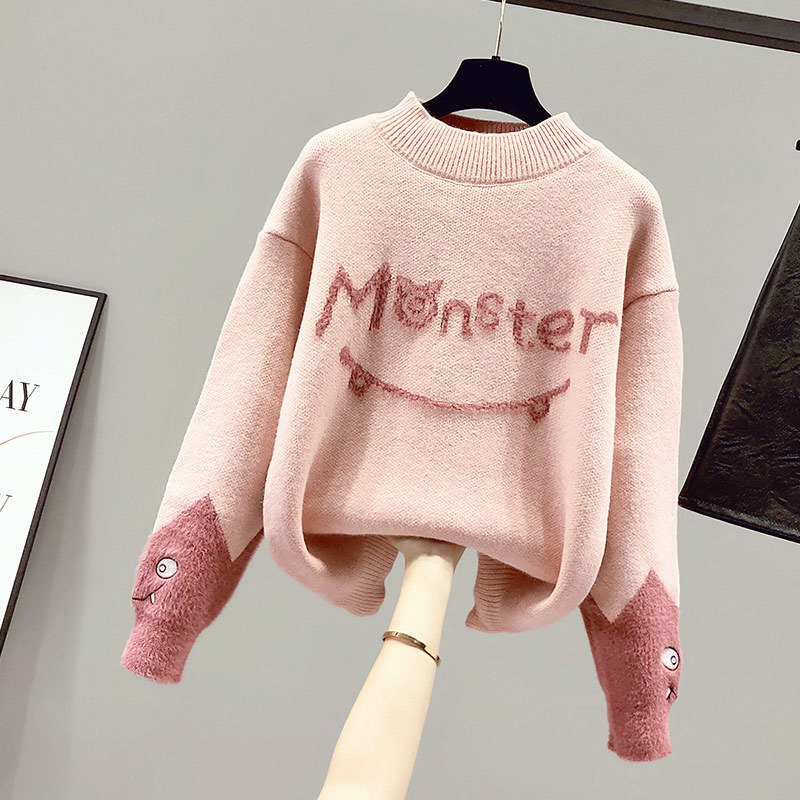 Womens Sweaters Cute Embroidery Sweater Women Fashion Monster Letter Printed OneckMink Patchwork Long Sleeve Pullovers Sweaters Tops Female 220906