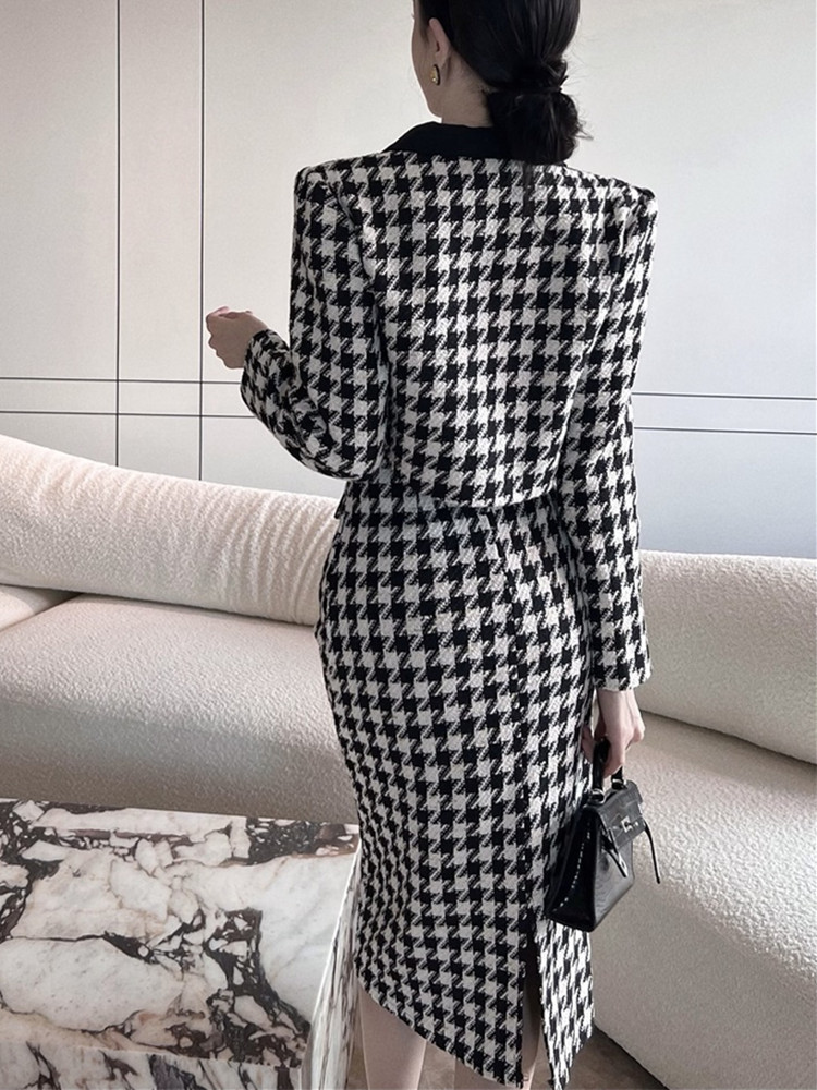 Two Piece Dress Winter Korean Fashion Tweed Dress Two Piece Sets Women Vintage Plaid Cropped Jacket Coat Sexy Strapless Slim Bodycon Dress 220906