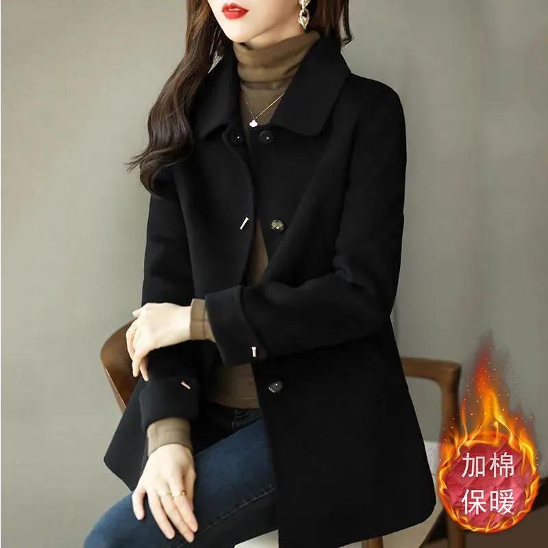 Women's Wool Blends Autumn Winter Woolen Coat Women Loose Elegant Overcoat Fashion Add Cotton Outerwear Black Woolen Trench Coat Female 220906