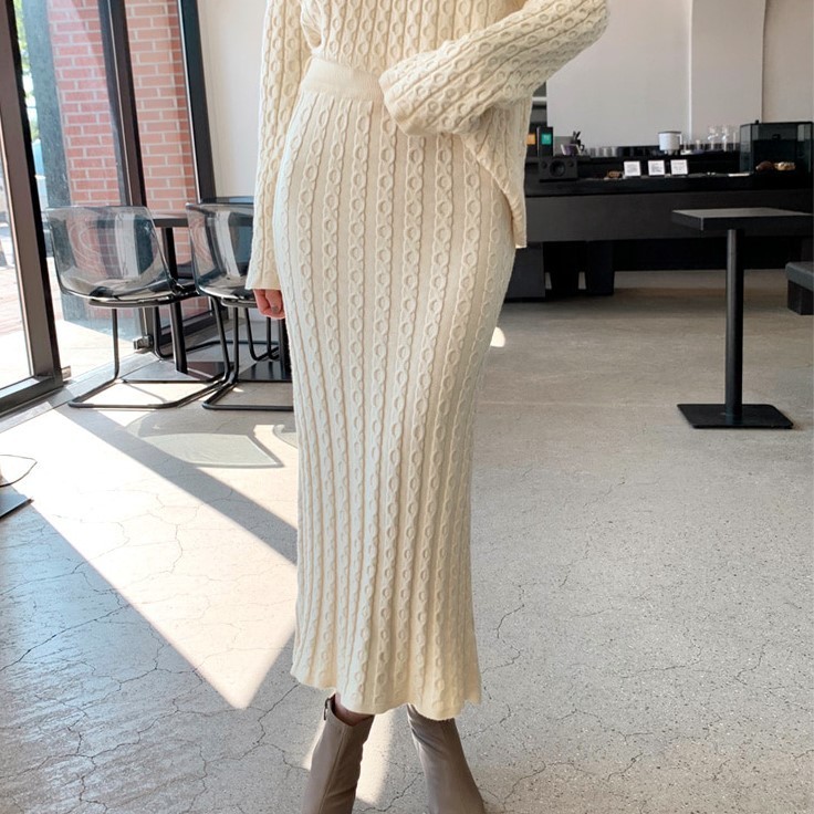 Two Piece Dress Korean Knitted Suit Women Long Sleeve Casual Loose Pullover Sweater High Waist Bodycon Skirt Sets Quality 220906