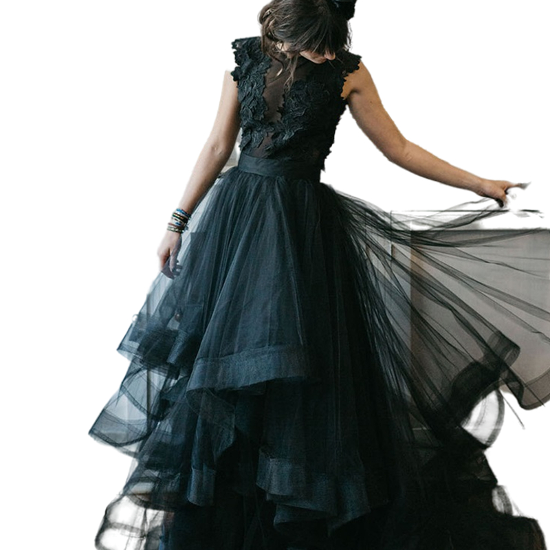 Gothic Black A Line Wedding Dress Piping Tiers Tulle Skirt Lace Appliques Keyhole Back Custom Ruffles Jewel Neck Vintage Unique Rustic Country Bridal 