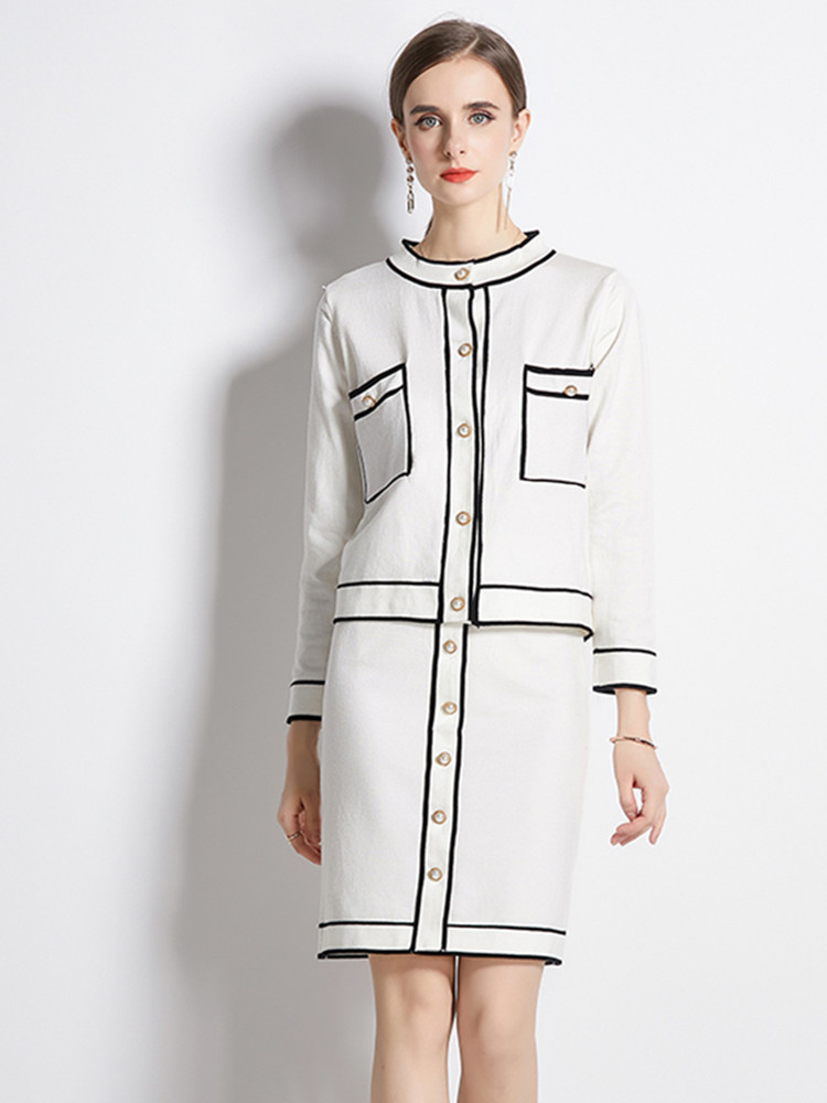 Two Piece Dress Elegant Knitted Skirt Sets Women Vintage Pockets ONeck Single Breasted Long Sleeve Cardigan Sweater Mini Skirts 2 Piece Set 220906