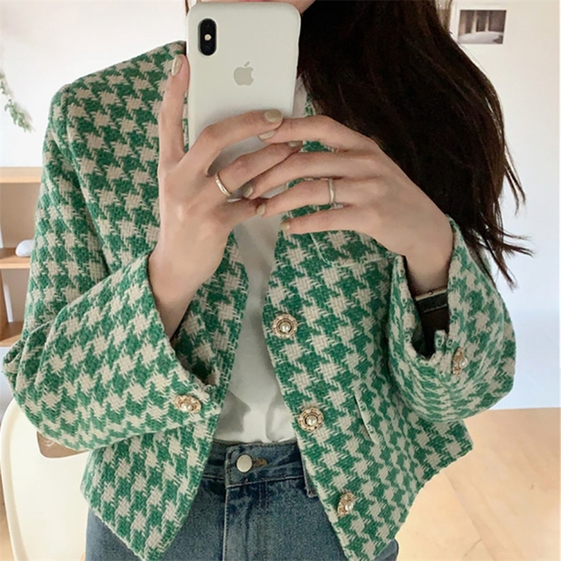 Womens Jackets Korean Casual Plaid Women Jackets Loose Vneck Single Breasted Fashion Houndstooth Fall Jackets Fashion Ladies Coats 220906