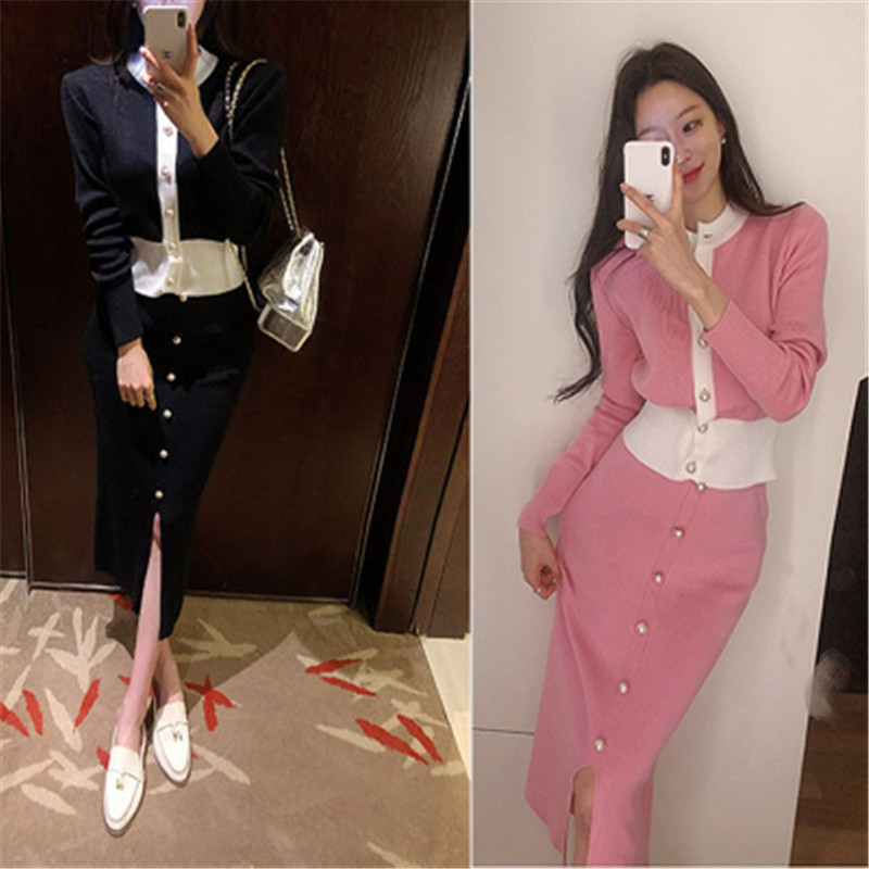 Two Piece Dress Knitted 2 Piece Set Women Oneck Patchwork Single Breasted Cardigan Slim Elastic Skirt Korean Chic Suit Female Crop Top 220906