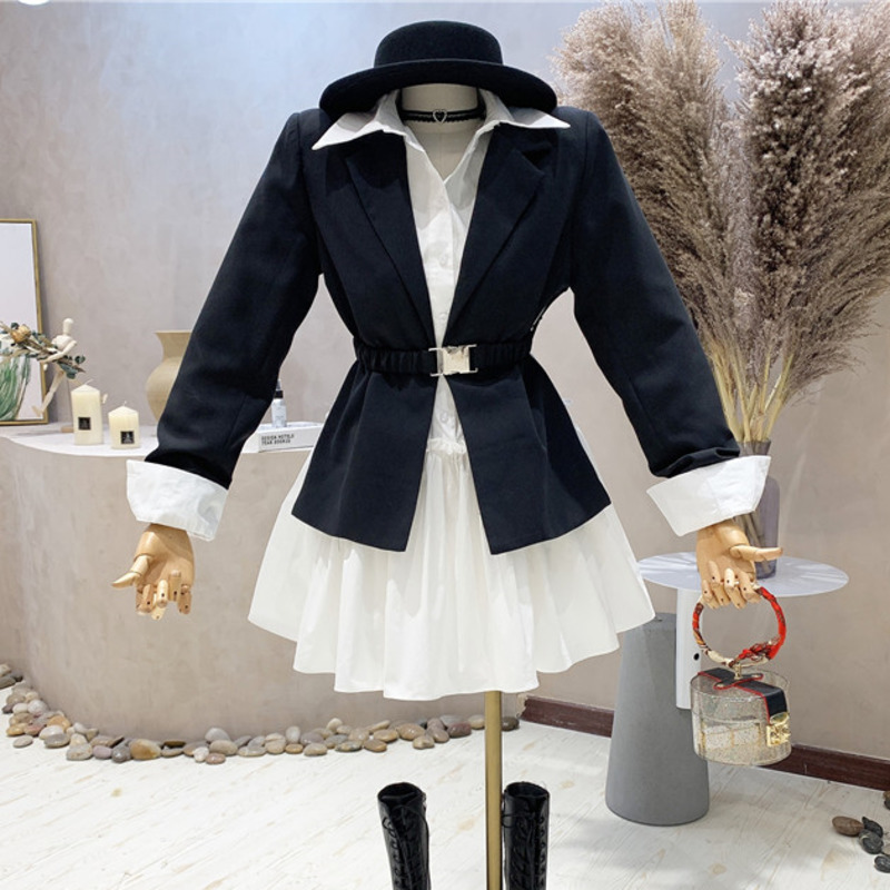 Two Piece Dress Autumn Korean Womens Suit Fashion Slim Waist Blazer Coat White Shirt Sets Office Lady Streetwear 2 Outfit 220906