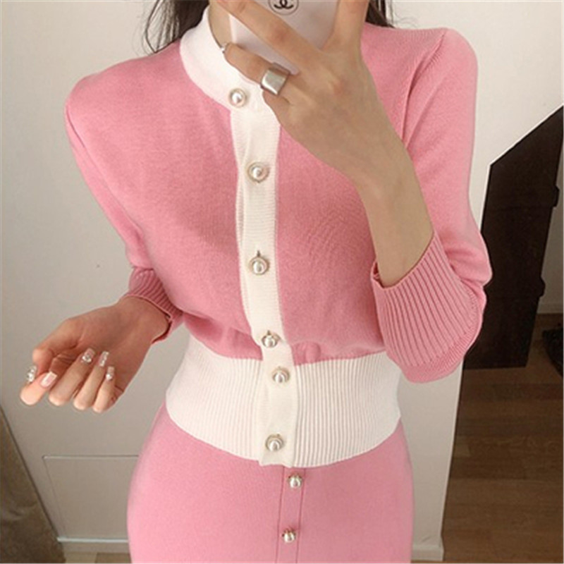 Two Piece Dress Knitted 2 Piece Set Women Oneck Patchwork Single Breasted Cardigan Slim Elastic Skirt Korean Chic Suit Female Crop Top 220906