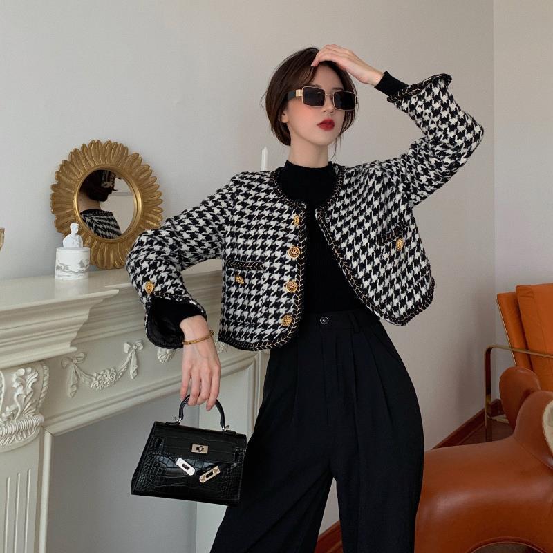 Womens Jackets Autumn Houndstooth Short Jackets Women Long Sleeve Elegant Patchwork Buttons Vintage Oneck Office Lady Fashion Coat Female 220906