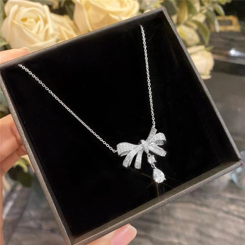 2022 Choucong Brand Bow Necklace Luxury Jewelry 925 Sterling Silver Water Drop White Topaz CZ Diamond Gemstones Party Women Clavicle Chain Pendant Gif