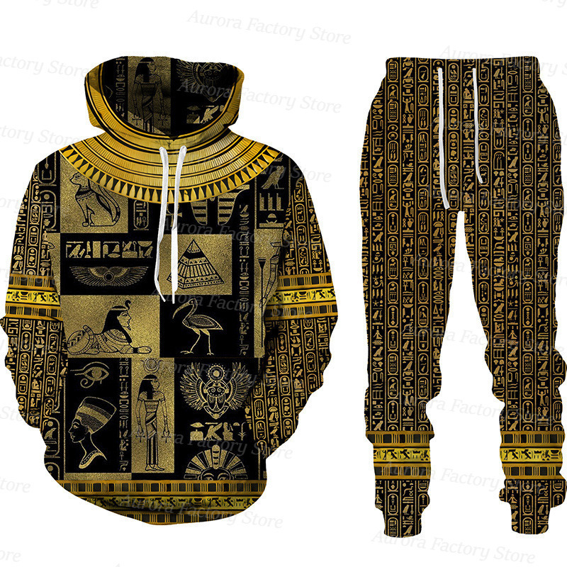 Mens Tracksuits Mens Tracksuit 2 Piece Vintage Hoodie Set Egyptian Mythology Outfit Suit Long Sleeve Comfortable Daily Clothing With Hat 220906