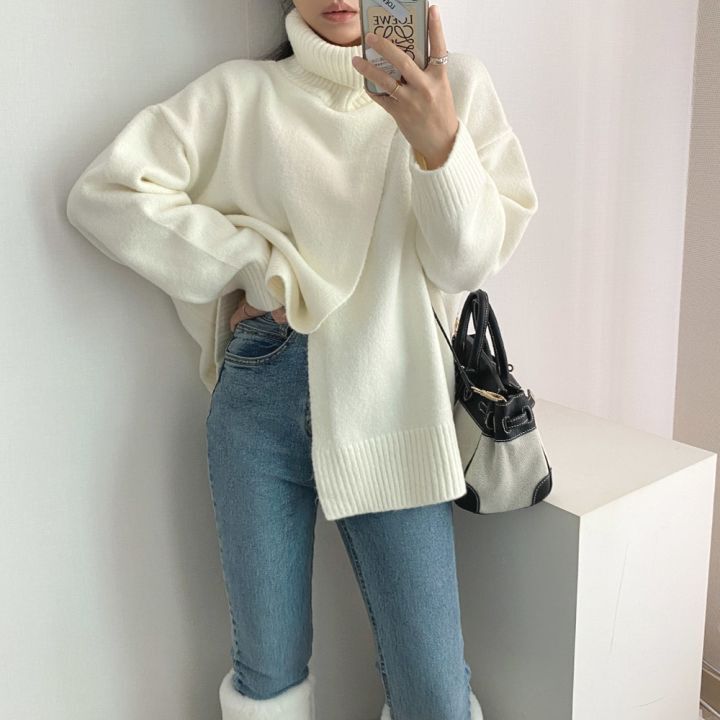 Womens Sweaters Autumn Winter Korean Turtleneck Split Sweater Women Knitted Casual Loose Pullover Jumpers Outwear Sweaters Warm Knitwear 220906