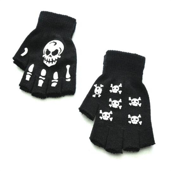 Warm Knitting Gloves For Adult Solid Acrylic Half Finger Glove Human Skeleton Head Gripper Print Cycling Non-slip Wrist Gloves GC1575