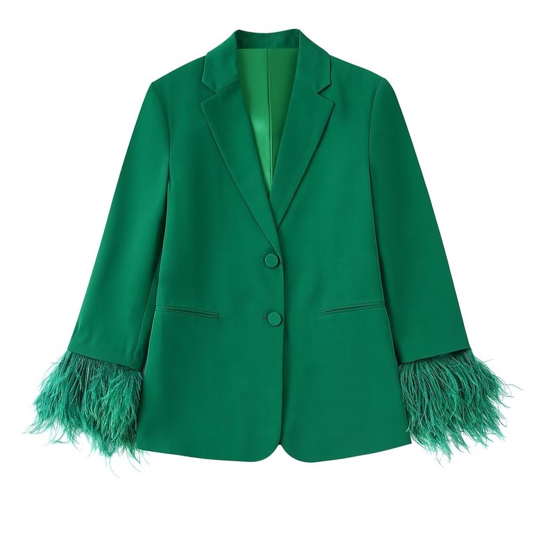 Womens Two Piece Pants WXWT Green Womens Sets Fashion Feathers Long Sleeve Straight Blazer And High Waist Wide Leg Long Pants Autumn BB22949 220906