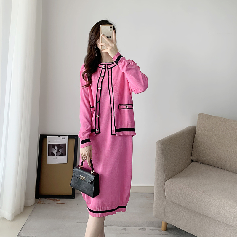 Two Piece Dress Vintage Knitted 2 Piece Sets Womens Outfits Elegant Long Sleeve Cardigan Short Sleeve Midi Dress Set Korean Fashion Suits 220906