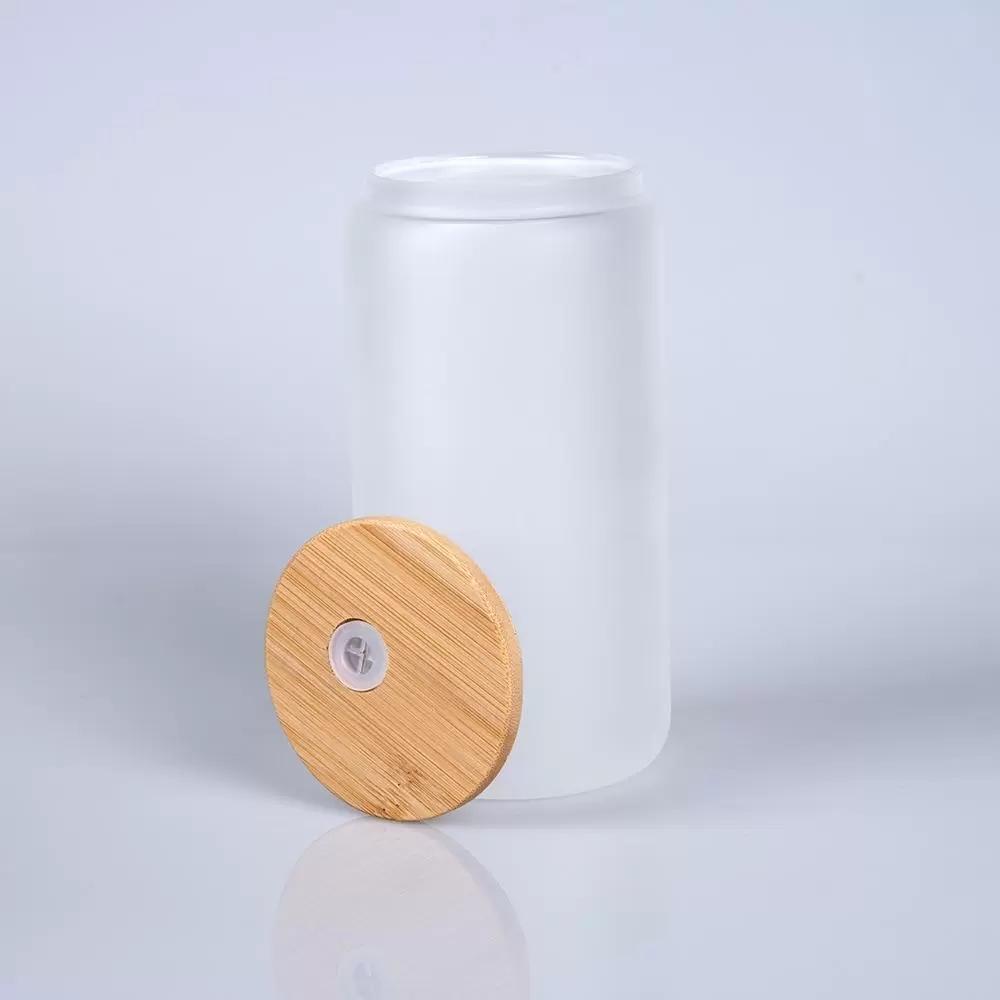 US stock 16oz Sublimation Glass Beer Mugs with Bamboo Lid Straw DIY Blanks Frosted Clear Can Shaped Tumblers Cups Heat Transfer Cocktail Iced Coffee S