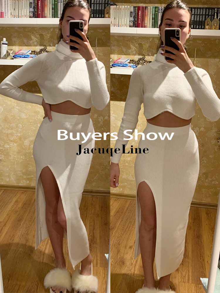 Two Piece Dress Jacuqeline Elegant Sexy Women Knitted Suit Turtleneck Sweater Top And High Waist Long Skirt Party Tracksuit Autumn Winter 220906