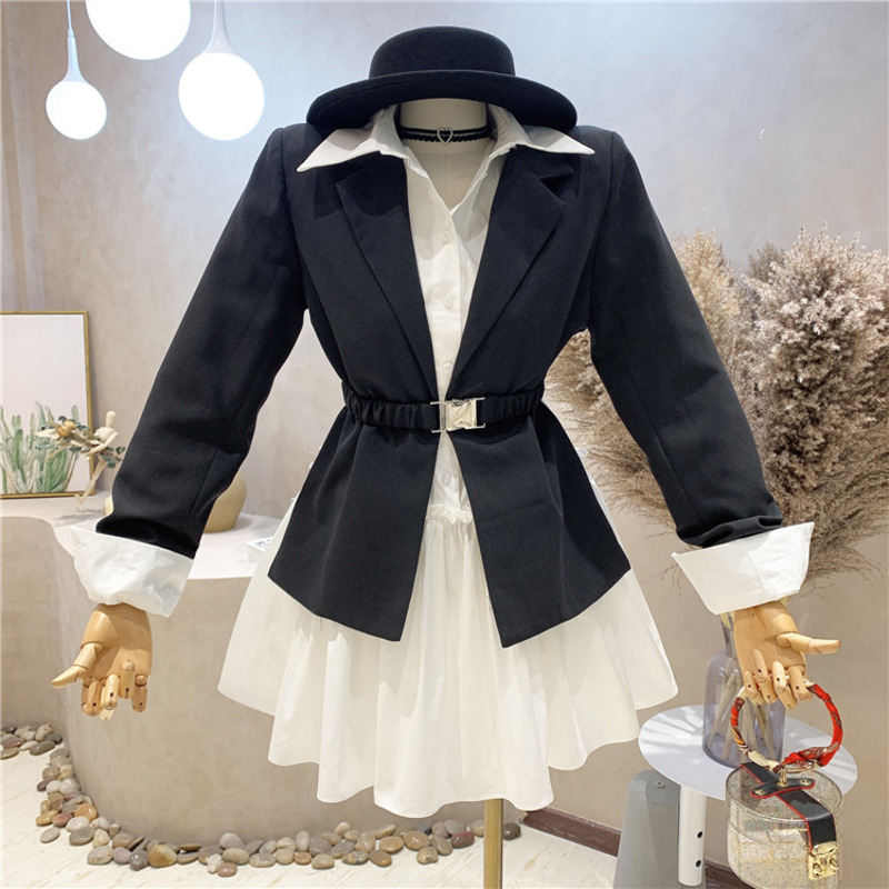 Two Piece Dress Autumn Korean Womens Suit Fashion Slim Waist Blazer Coat White Shirt Sets Office Lady Streetwear 2 Outfit 220906