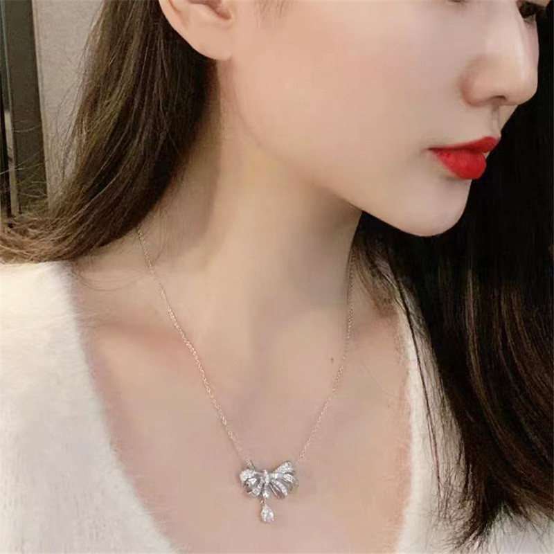 2022 Choucong Brand Bow Necklace Luxury Jewelry 925 Sterling Silver Water Drop White Topaz CZ Diamond Gemstones Party Women Clavicle Chain Pendant Gif