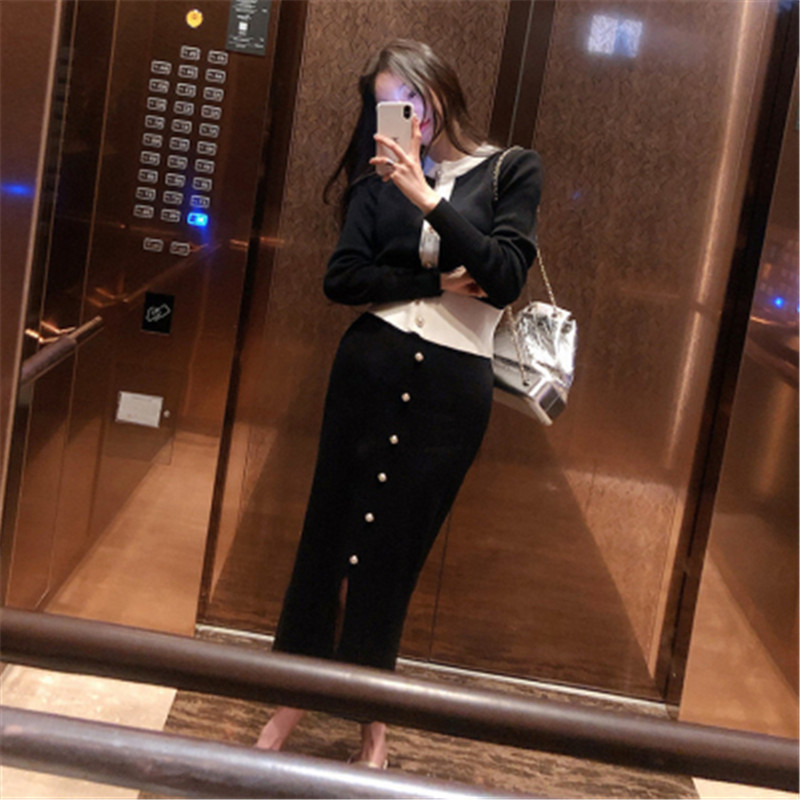 Two Piece Dress Knitted 2 Piece Set Women Oneck Patchwork Single Breasted Cardigan Slim Elastic Skirt Korean Chic Suit Female Crop Top 220906