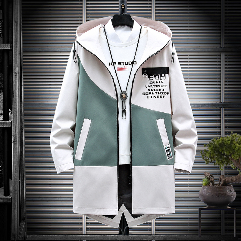 Men's Trench Coats Autumn/Winter Hip Hop Mens Patchwork Hooded Windbreaker Man Printed Casual Jacket Mid-length Trench Coat Male 3 Colors M-3XL 2