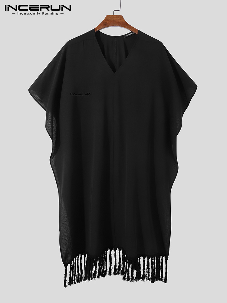 Men's T-Shirts INCERUN Men Irregular T Shirt V Neck Solid Tassel Vacation Short Sleeve Cloak Long Tee Tops Streetwear Casual Camisetas 220906
