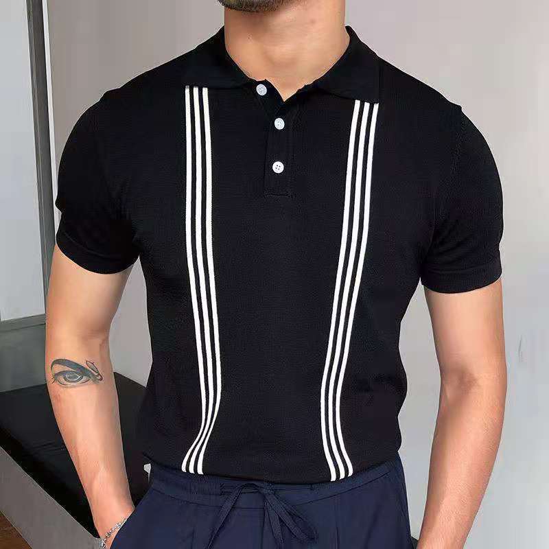 Men's Polos Vintage Polo Shirt Men Stripe Print Patchwork Knitting Casual Lapel Pullover Summer Fashion Men Short Sleeve Slim Polo Shirt 220906