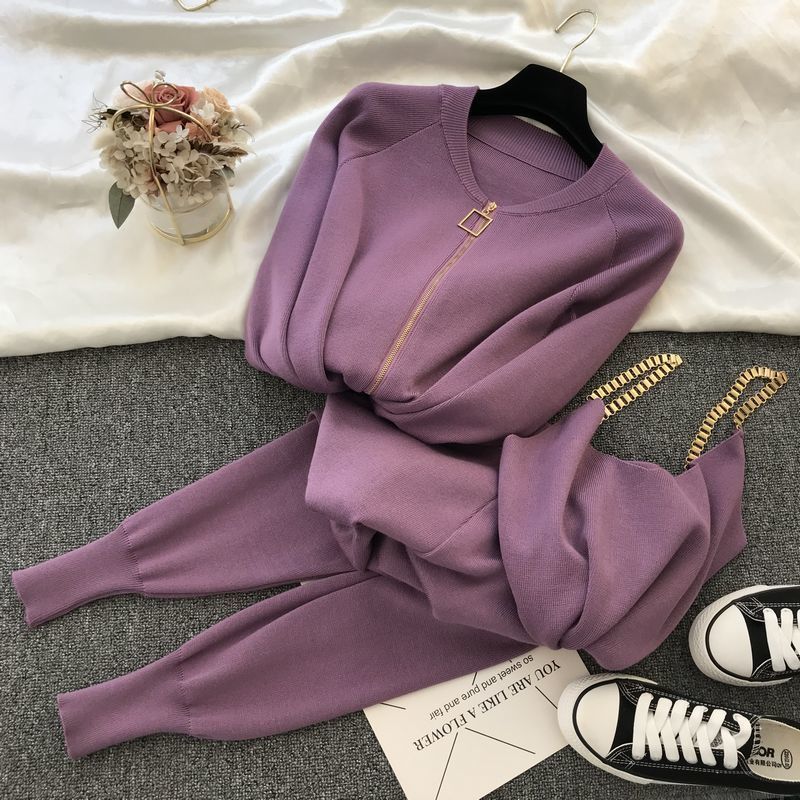 Womens Two Piece Pants Autumn Knitted Women Sest Solid Sexy Vest Long Sleeve Zipper Cardigans Elastic Waist Pants 3pcs Sets Tracksuits Clothes 220906