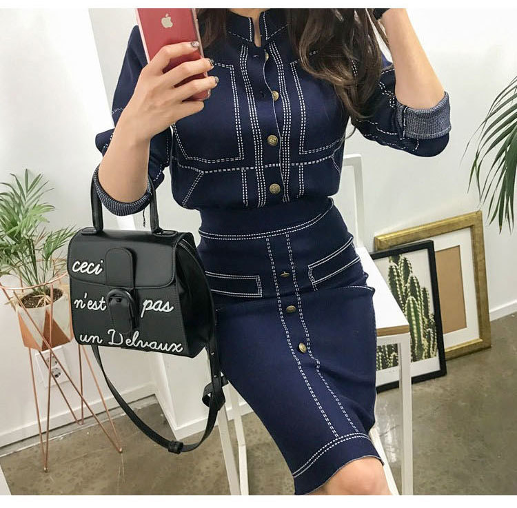 Two Piece Dress Spring Knitted Two Piece Set Women Fashion Oneck Long Sleeve Sweater Tops Sheath Split Skirt Solid Office Lady Suit 220906