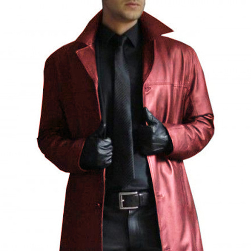 Men's Wool Blends Men's Leather Trench Coat Vintage British Style Windbreaker Handsome Solid Color Slim-fit Overcoat Long Jacket Plus Size S