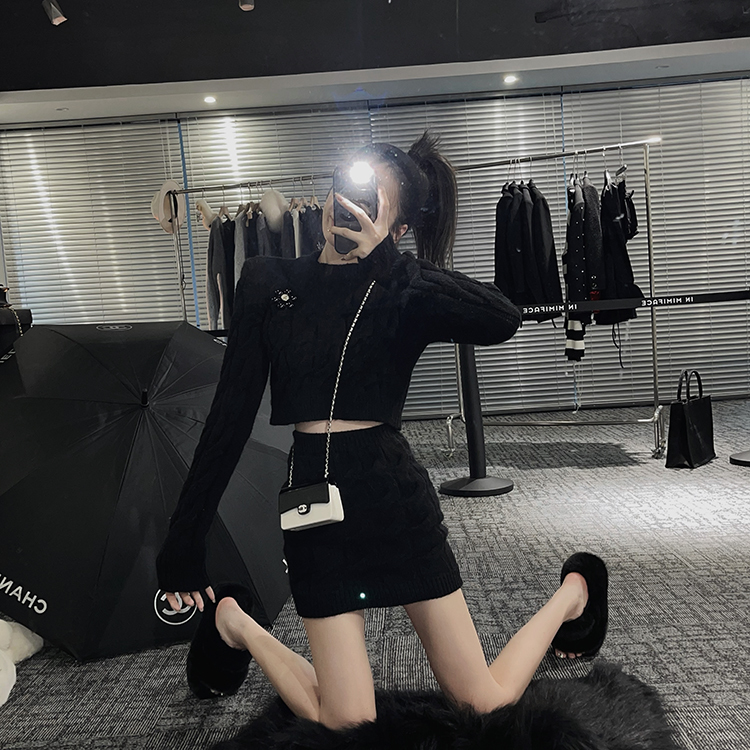 Two Piece Dress Casual Knitted Sweater Skirt Sets Autumn Elegant Oneck Long Sleeve Pullovers Crop Top Sweaters Slim Mini Skirts Suits 220906