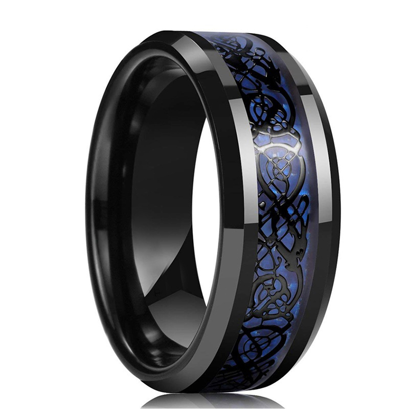 Fashion 8Mm Tungsten Carbide Ring Black Celtic Dragon Blue Carbon Fibre Ring Men Wedding B
