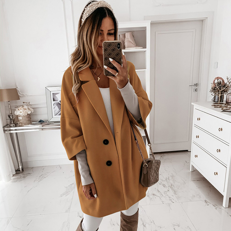 Women's Wool Blends Autumn Loose Woolen Blends Coats Winter Casual Three Quarter Sleeve Coat Women Single-Breasted Outwear Loose Long Overcoats 2