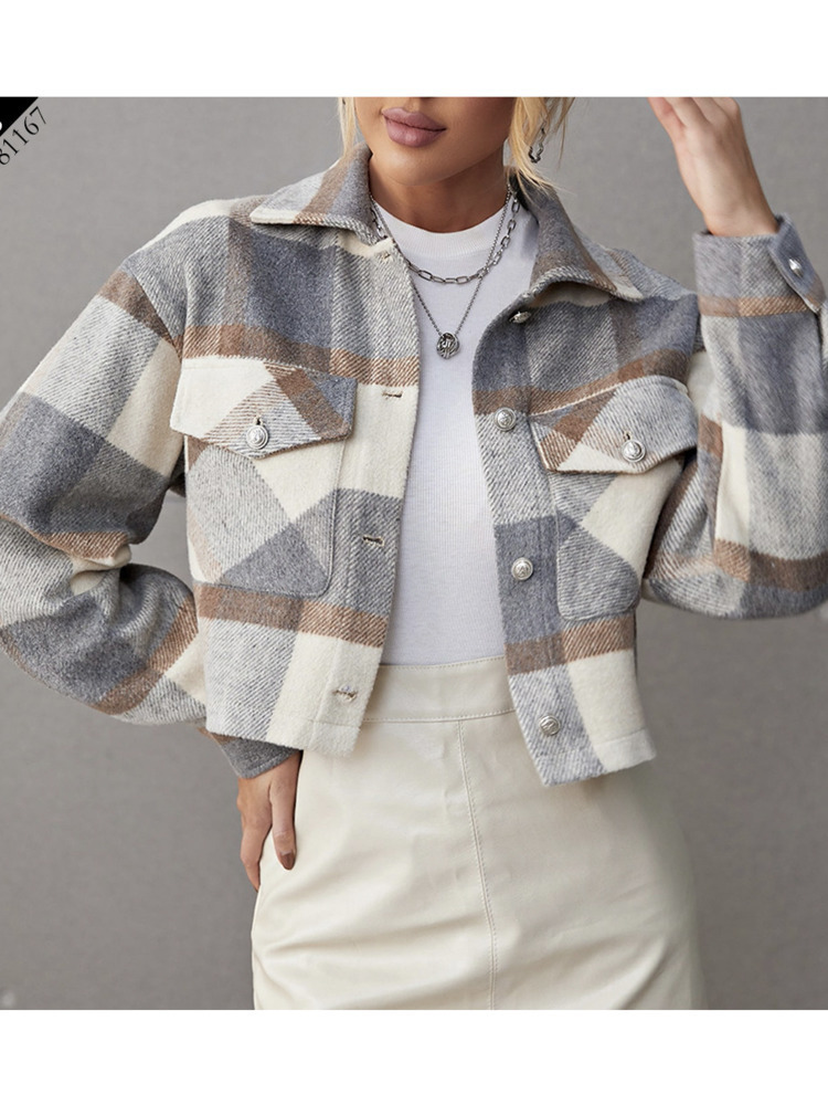 Women's Wool Blends SRUBY Winter Jackets Women Coat Lapel Plaid Single-breasted Woolen Short Coat Autumn Plaid Print Drop Shoulder Crop Overcoat 