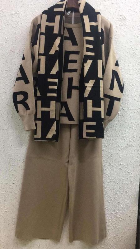 Womens Two Piece Pants Fashion Autumn Women 3 Pieces Sets Casual Letter Print Patchwork Loose Knitted Sweater Shawl Scarf and Wideleg Pants Suits 2209