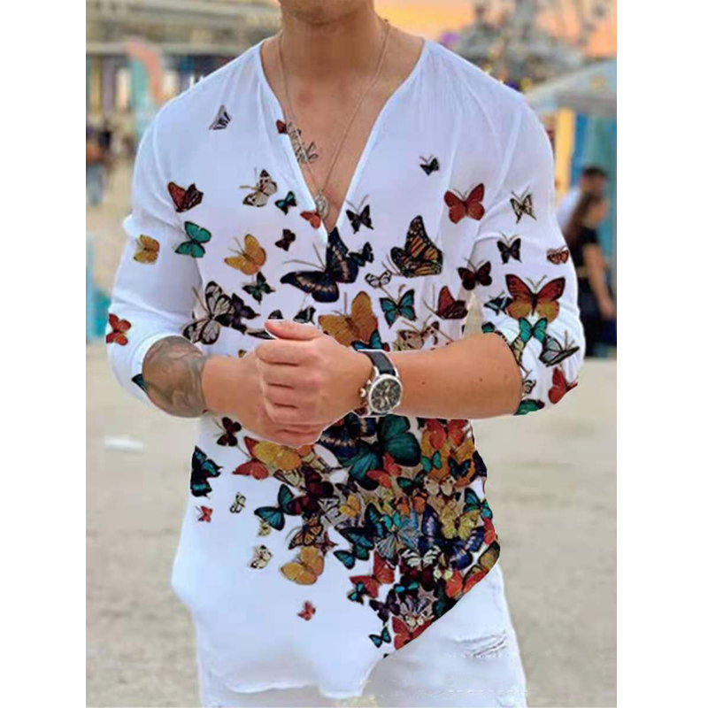 Men's T-Shirts Men T-shirt Long Sleeves Harajuku Tees Animal Printed Sexy V-neck Loose Tshirts Spring Autumn Streetwear Fashion Clothes Tops 2209