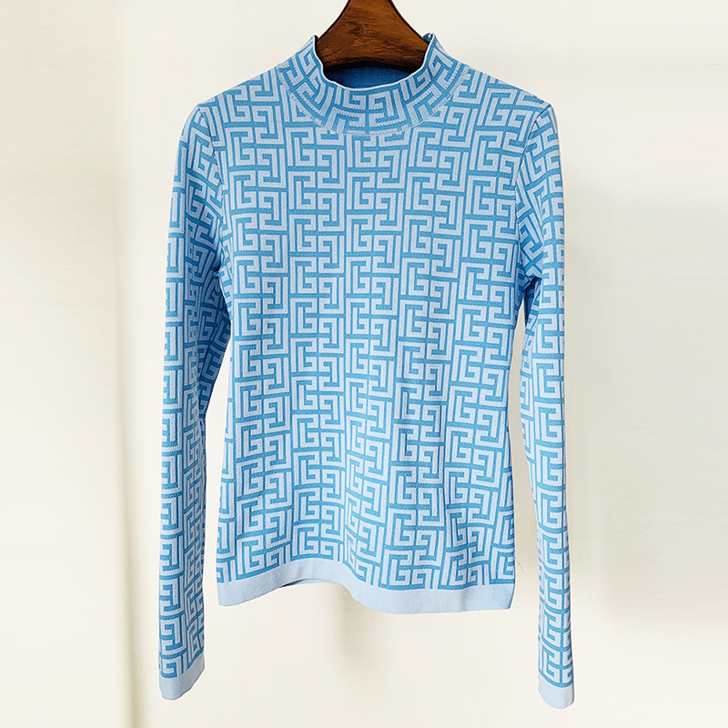 Womens Two Pants Classic Geometric Pattern Quality Jacquard Knitted 2 Piece Sets For Women Fall Stand Collar Sweaters Pullover Top Tight Trouser 22090