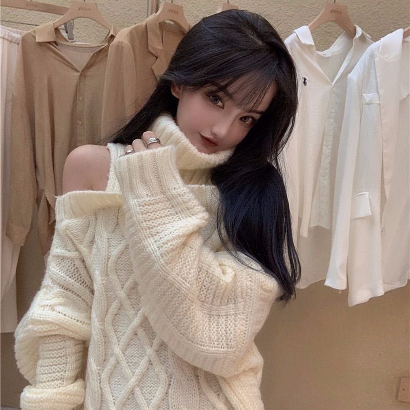 Womens Sweaters Winter Korean Style Sweaters Knitted Solid Color Pullovers Turtleneck Sweater Women Warm Off Shoulders Womens Clothes 220906