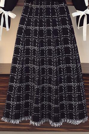 Two Piece Dress Arrival Korean Office Lady Elegant Knitting Suit Plaid Tassel Hem Long Skirts Two Piece Flare Sleeve Bow Sweater Sets 220906