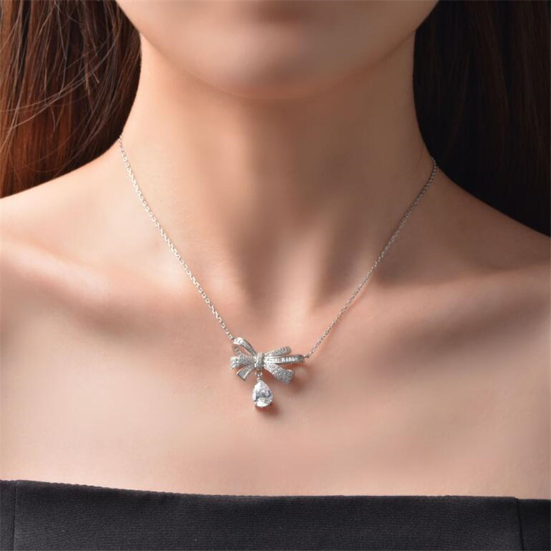 2022 Choucong Brand Bow Necklace Luxury Jewelry 925 Sterling Silver Water Drop White Topaz CZ Diamond Gemstones Party Women Clavicle Chain Pendant Gif