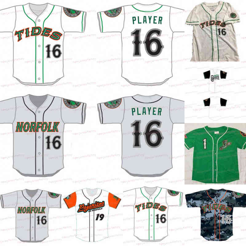 College Baseball Wears College Norfolk Tides Minor League Stitched Baseball Jersey Custom 100% Embroidery White Grey Green Shirts Stitched