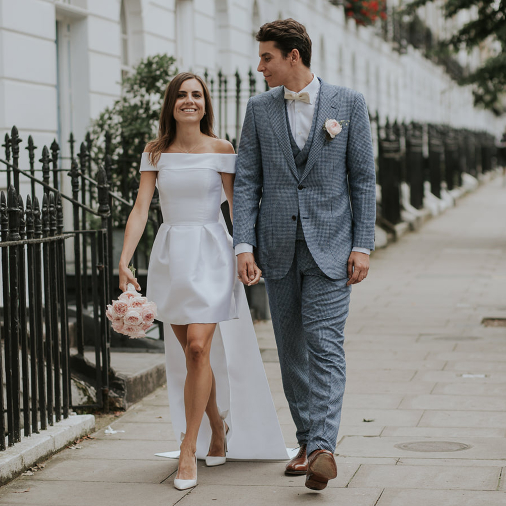 Simple Short Mini Satin Wedding Dress Off Shoulder Bridal Gowns Large Bow Train Custom Made Plus Size Classy Above Knee Chic Garden Bride Dresses