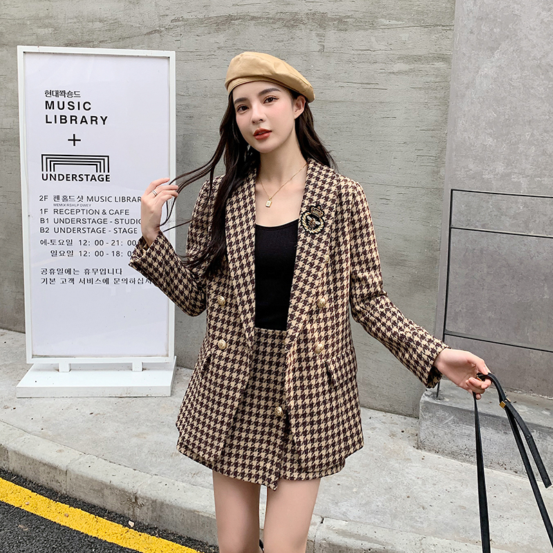 Two Piece Dress French Houndstooth Tweed Two Piece Set Women Vintage Temperament Jakcet Coat Blazer Shorts Suit Female Autumn Winter 220906
