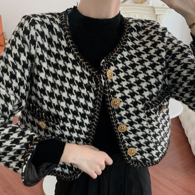 Womens Jackets Autumn Houndstooth Short Jackets Women Long Sleeve Elegant Patchwork Buttons Vintage Oneck Office Lady Fashion Coat Female 220906