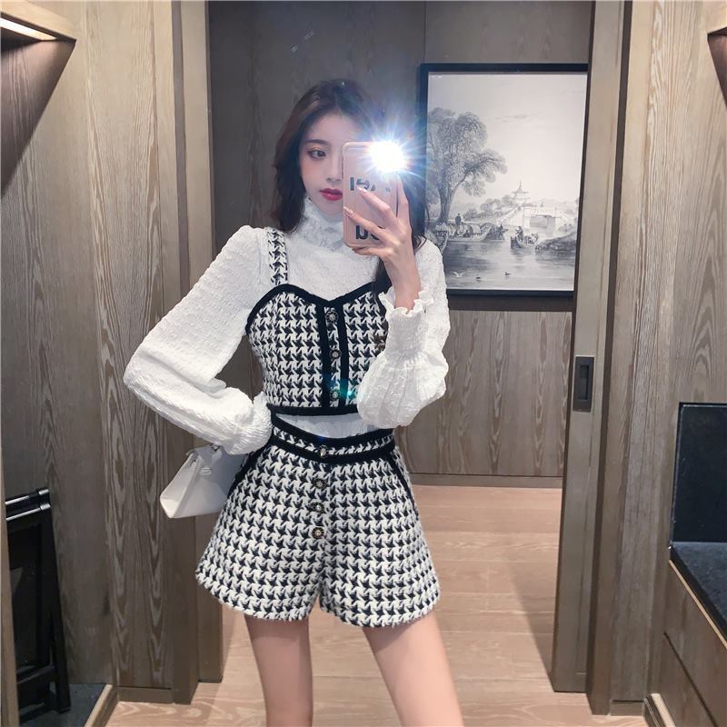 Womens Two Piece Pants Autumn Tweed Houndstooth 3 Piece Set WomenTurtleneck White BlouseVest Tweed Vest Mini Shorts Sets Korean Chic Vintage Suit 2209
