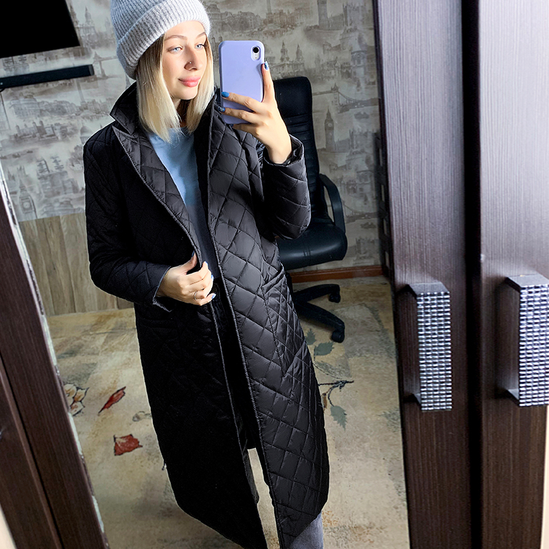 Women's Down Parkas Woman Jacket Belted space cotton diamond plaid Coat down over the Knee Winter Clothing 220905