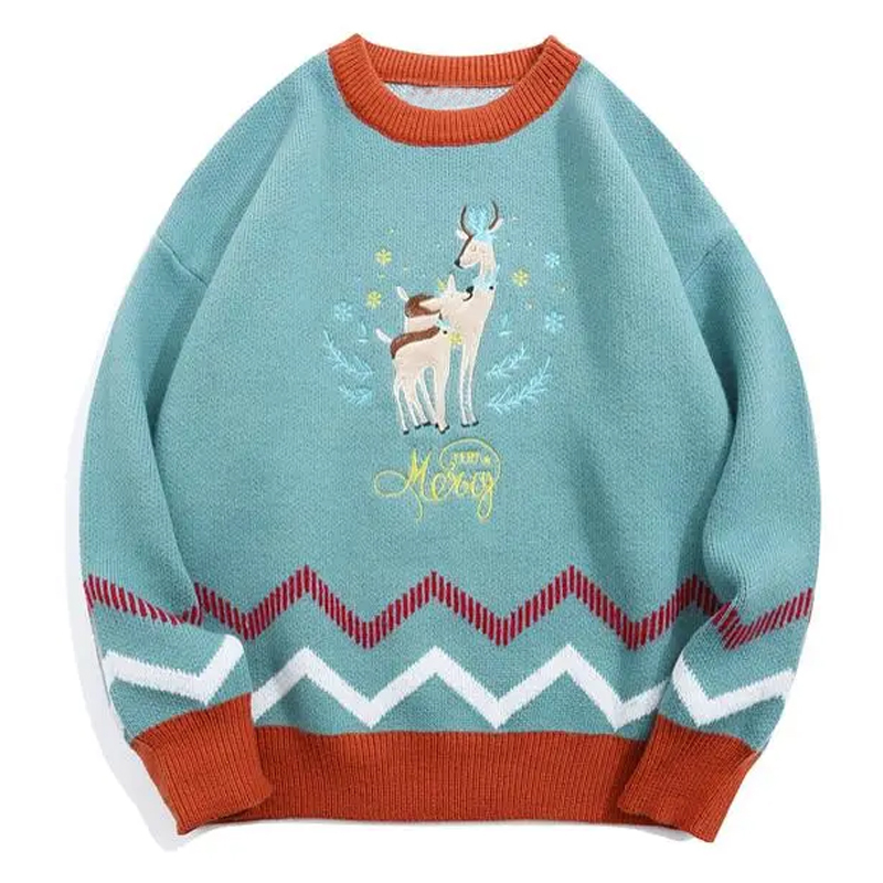 Men's Sweaters Oversized Cartoon Sweater Deer Embroidery Men Patchwork Knitwear Winter Japanese Fashion Woman Loose Casual Sweaters Pullovers 220