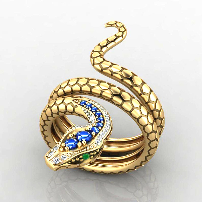 Top Quality Copper Blue Crystal Snake Ring for Men Women Punk Style Rhinestone Bling Gothic Animal Rings Hip Hop Fashion Jewelry